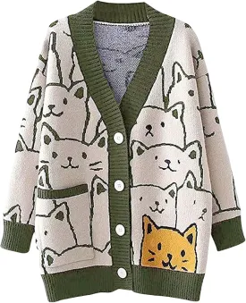 Gihuo Women Cat Sweater Oversized Cute Kawaii Cardigan Knit Graphic V Neck Loose Fit Long Sleeve Cardigan