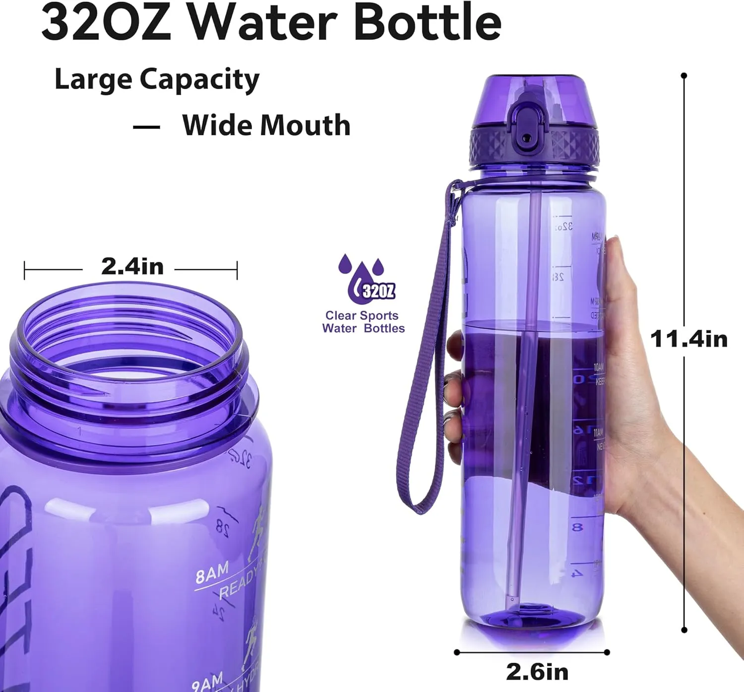 GOPPUS Clear Water Bottle With Straw 32oz Clear Sports Water Bottles Motivational with Time Marker Tritan BPA Free Clea Plastic Water Bottle Wide Mouth for Gym Travel Home School Office