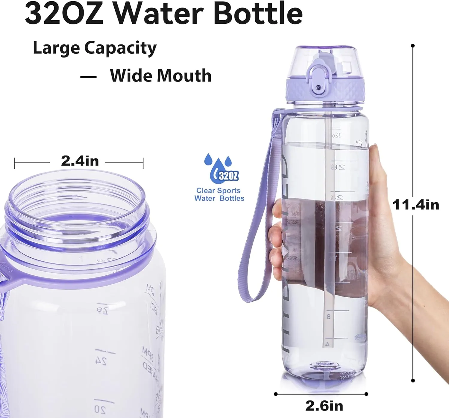 GOPPUS Clear Water Bottle With Straw 32oz Clear Sports Water Bottles Motivational with Time Marker Tritan BPA Free Clea Plastic Water Bottle Wide Mouth for Gym Travel Home School Office