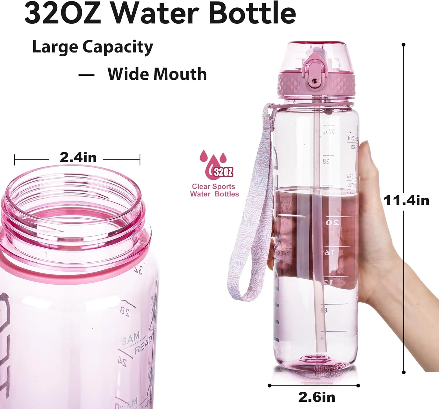 GOPPUS Clear Water Bottle With Straw 32oz Sports Water Bottles Motivational with Time Marker Tritan BPA Free Clear Plastic Water Bottle Wide Mouth for Gym Travel Home School Office