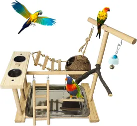 Hamiledyi Parrot Playground Bird Play Stand Natural Wood Parrot Perch Gym with Feeder Cups Cockatiel Nest with Ladder Lovebirds Cage Accessories Toy Exercise Activity Center for Cockatiel Lovebirds
