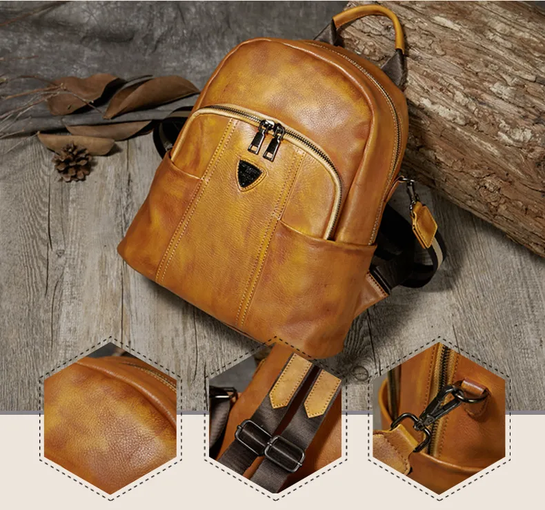 Hand Rubbing Vege Tanned Leather Backpacks for Women C302