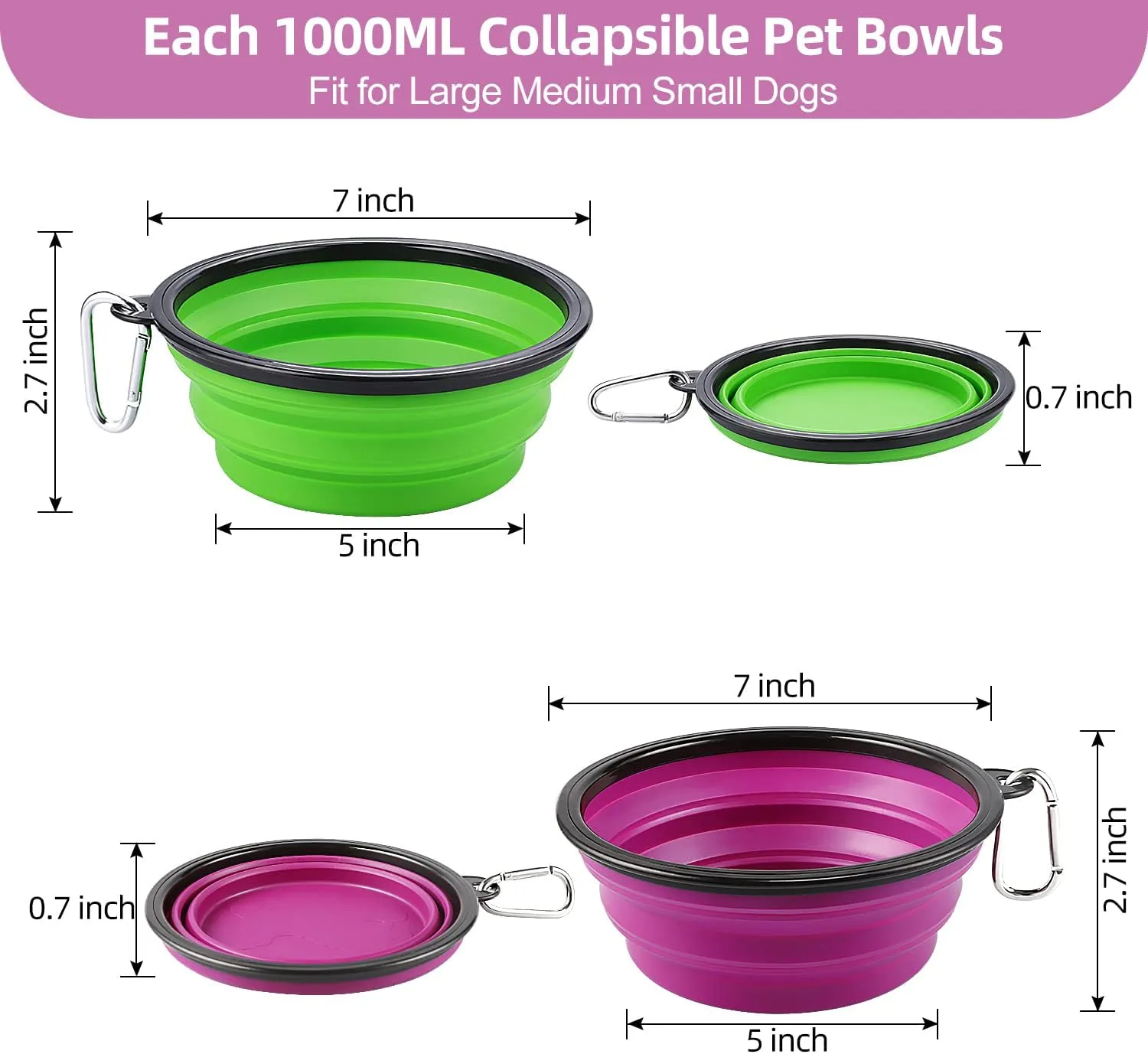 Kytely Large Collapsible Dog Bowls 2 Pack, 34oz Foldable Dog Travel Bowl, Portable Pet Water Food Bowl with Clasp, Pet Cat Feeding Cup Dish for Traveling, Walking, Hiking (Green Purple)