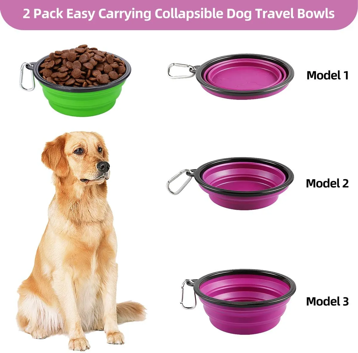 Kytely Large Collapsible Dog Bowls 2 Pack, 34oz Foldable Dog Travel Bowl, Portable Pet Water Food Bowl with Clasp, Pet Cat Feeding Cup Dish for Traveling, Walking, Hiking (Green Purple)
