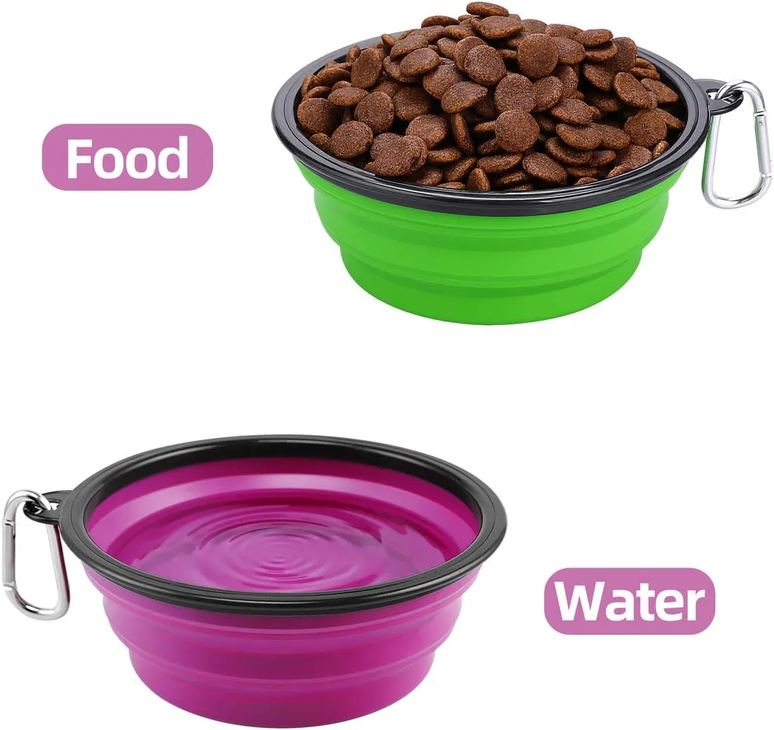 Kytely Large Collapsible Dog Bowls 2 Pack, 34oz Foldable Dog Travel Bowl, Portable Pet Water Food Bowl with Clasp, Pet Cat Feeding Cup Dish for Traveling, Walking, Hiking (Green Purple)