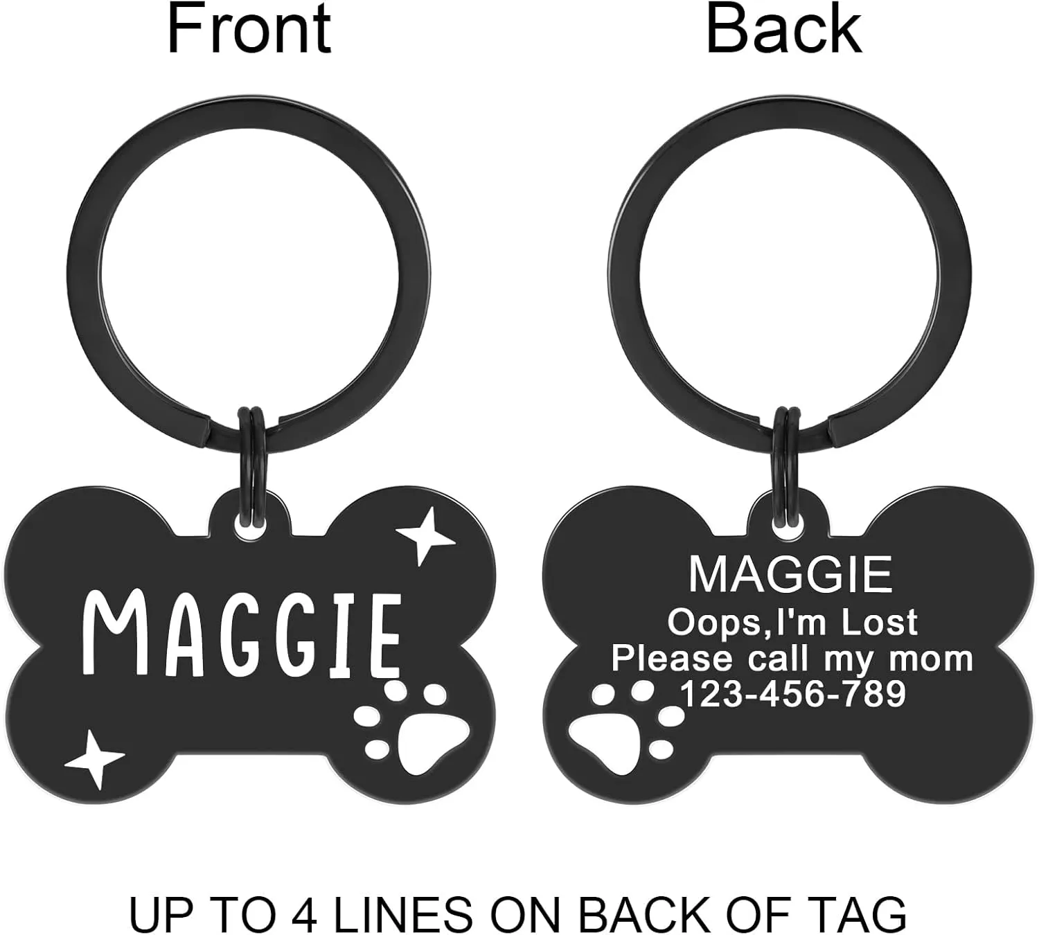 Personalized Pet ID Tags, Stainless Steel Dog Tags,Custom Bone&Hollowed Paw Shaped Engraved Dog Name, Label, Address & Phone, Customizable on Both Sides (Medium, Black)