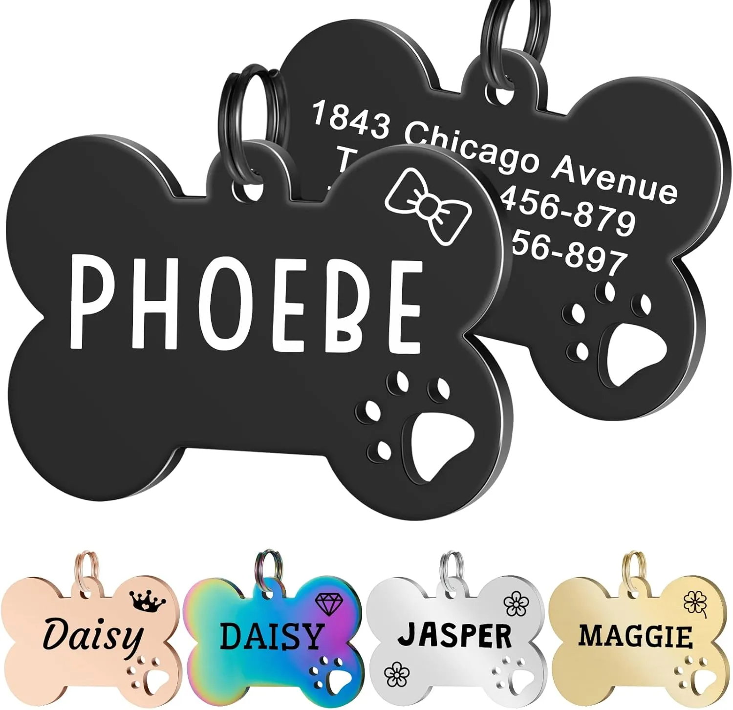 Personalized Pet ID Tags, Stainless Steel Dog Tags,Custom Bone&Hollowed Paw Shaped Engraved Dog Name, Label, Address & Phone, Customizable on Both Sides (Medium, Black)