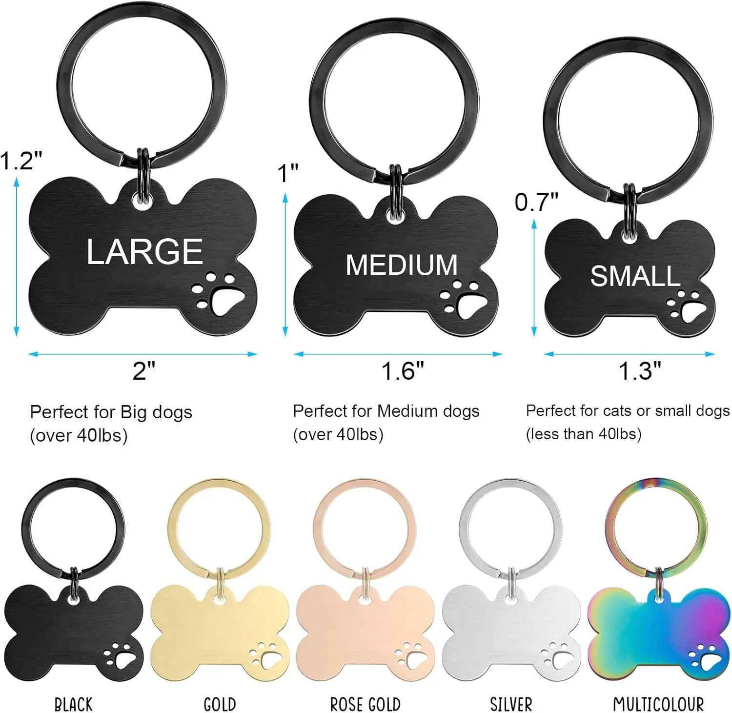 Personalized Pet ID Tags, Stainless Steel Dog Tags,Custom Bone&Hollowed Paw Shaped Engraved Dog Name, Label, Address & Phone, Customizable on Both Sides (Medium, Black)