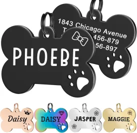 Personalized Pet ID Tags, Stainless Steel Dog Tags,Custom Bone&Hollowed Paw Shaped Engraved Dog Name, Label, Address & Phone, Customizable on Both Sides (Medium, Black)