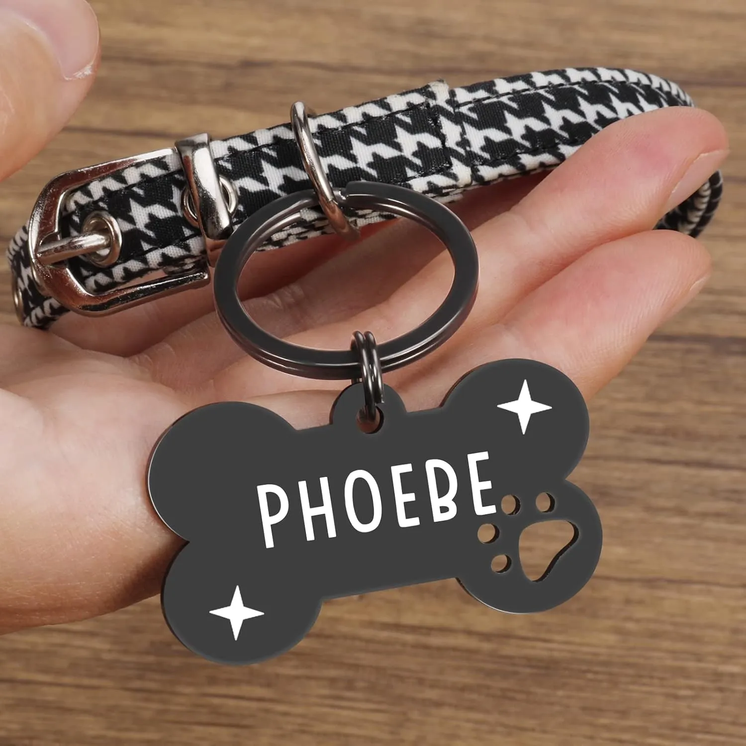 Personalized Pet ID Tags, Stainless Steel Dog Tags,Custom Bone&Hollowed Paw Shaped Engraved Dog Name, Label, Address & Phone, Customizable on Both Sides (Medium, Black)