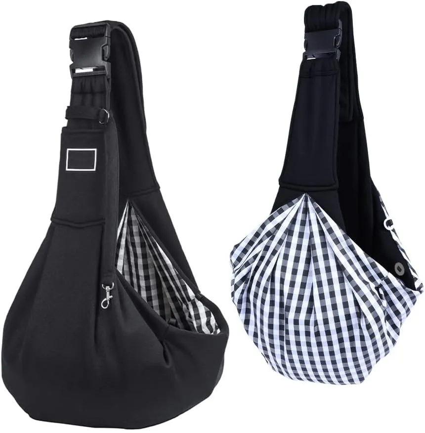 Pet Dog Sling Carrier, Adjustable Strap Hands Free Reversible Double-Sided Pouch Pet Papoose Bag Tote Bag with a Pocket Safety Belt Puppy Carrier Travel Bag Backpack for Small Dogs Cats Rabbit (Black)