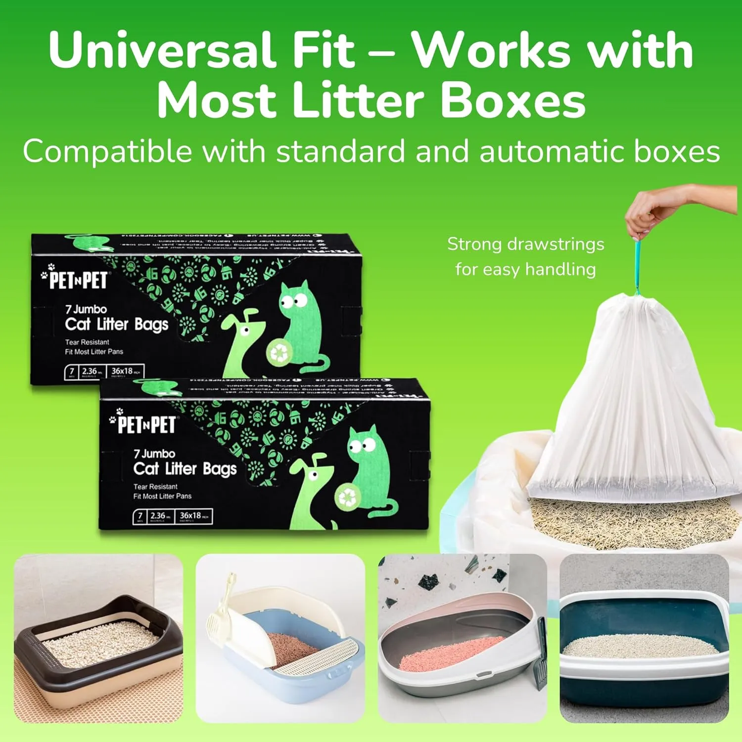 PET N PET Cat Litter Box Liners Bags Jumbo, Heavy Duty Tear Resistant & Drawstring Closure Cat Litter Bags, Waterproof Kitty Box Liners Fits Litterbox Pan Sizes, 36" x 18", 14 Count