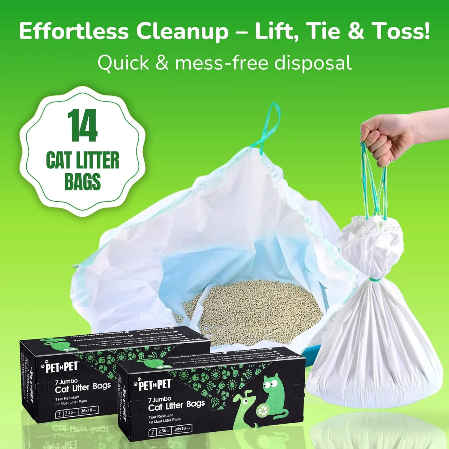 PET N PET Cat Litter Box Liners Bags Jumbo, Heavy Duty Tear Resistant & Drawstring Closure Cat Litter Bags, Waterproof Kitty Box Liners Fits Litterbox Pan Sizes, 36" x 18", 14 Count