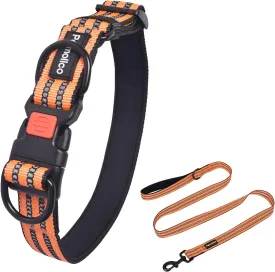 Petmolico Double D-Ring Dog Collar with Matching Leash, Reflective Padded Nylon Dog Collar with Security Buckle for Small Dogs, Orange S