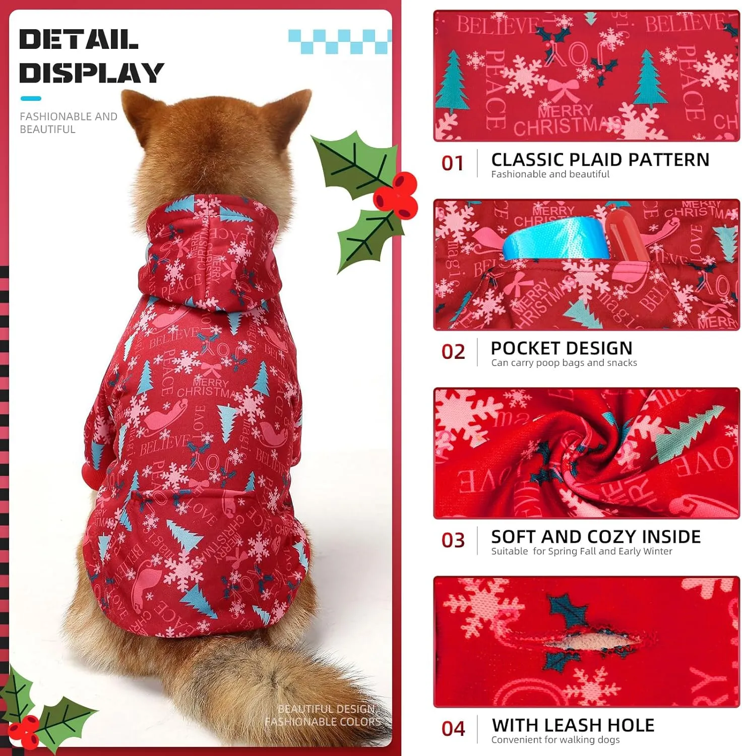 Red Christmas Dog Hoodie Soft Dog Sweater Hoodie with Leash Hole and Pocket Elastic Xmas Pet Clothes Sweatshirt for Small Medium Large Size Dogs(Red B,Medium)