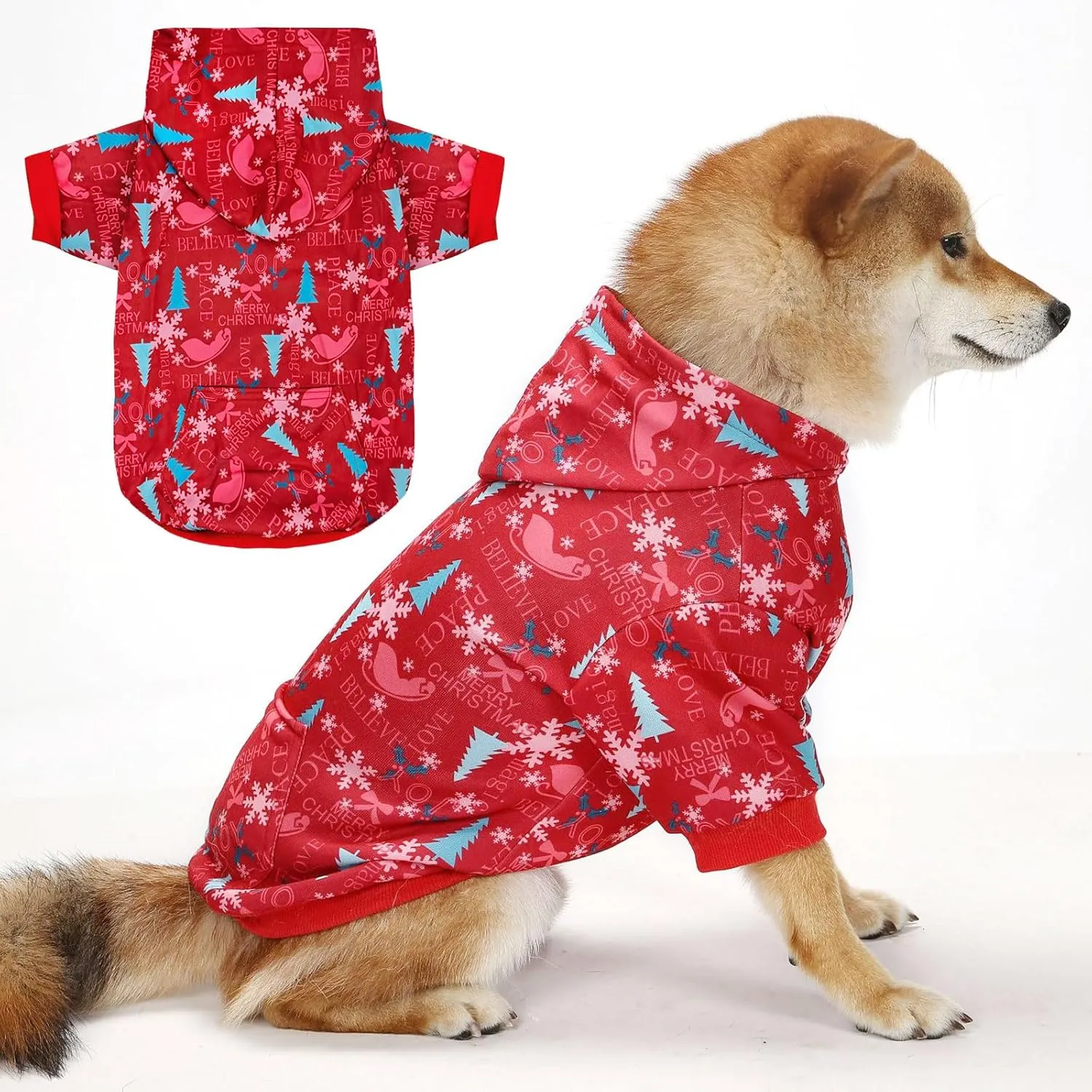 Red Christmas Dog Hoodie Soft Dog Sweater Hoodie with Leash Hole and Pocket Elastic Xmas Pet Clothes Sweatshirt for Small Medium Large Size Dogs(Red B,Medium)