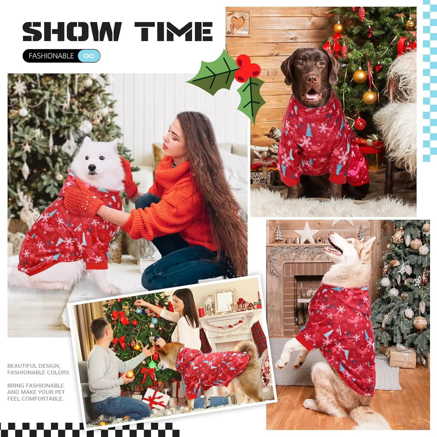 Red Christmas Dog Hoodie Soft Dog Sweater Hoodie with Leash Hole and Pocket Elastic Xmas Pet Clothes Sweatshirt for Small Medium Large Size Dogs(Red B,Medium)