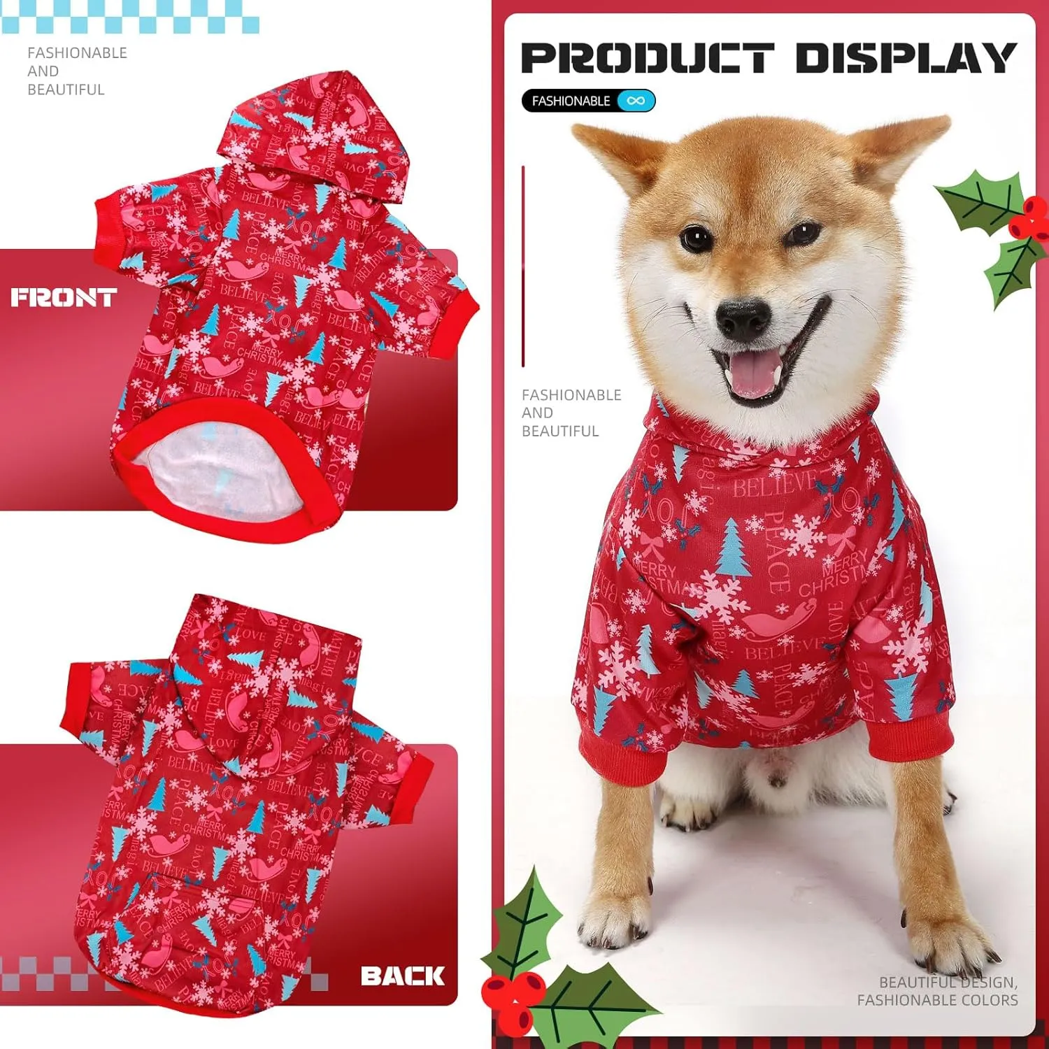 Red Christmas Dog Hoodie Soft Dog Sweater Hoodie with Leash Hole and Pocket Elastic Xmas Pet Clothes Sweatshirt for Small Medium Large Size Dogs(Red B,Medium)