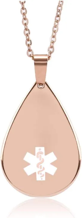 Rose Gold Medical Alert Necklace Teardrop Pendant Arc Surface Emergency ID Dog Tag for Women (Free Engraving)