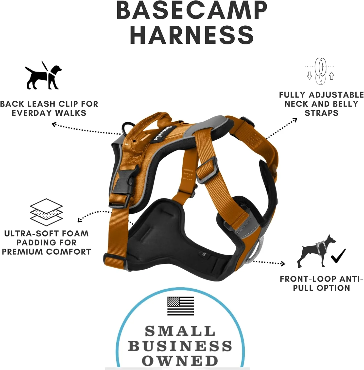 ShawnCo Basecamp Dog Harness, No-Pull Pet Vest with 3 Leash Clips, Padded, Reflective, Lightweight and Adjustable Harness with Handle for Small, Medium and Large Dogs (Sunset Orange, XL)