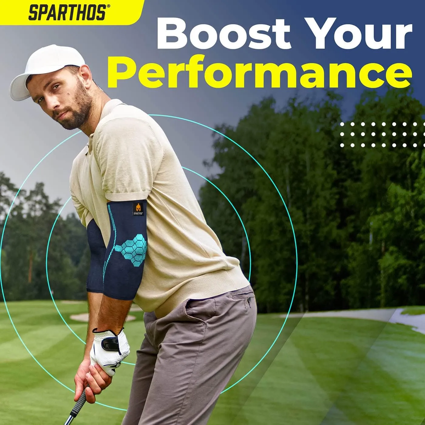 Sparthos Elbow Compression Sleeves (Pair)  Tennis and Golfer's Elbow Support  Elbow Brace for Men and Women  Made from Innovative Breathable Elastic Blend