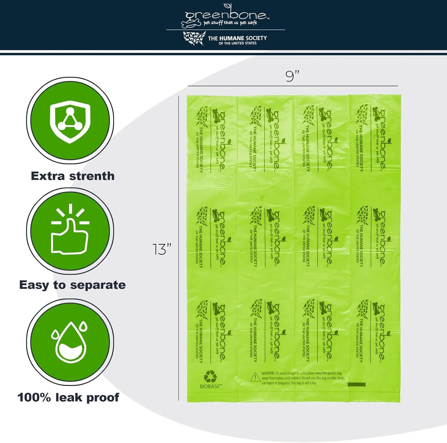 The Humane Society by Greenbone Biobase Pet Poop Bags - 16 Rolls - 192 Refills - Made with Corn Starch