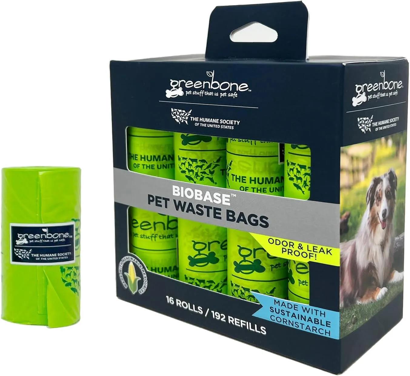 The Humane Society by Greenbone Biobase Pet Poop Bags - 16 Rolls - 192 Refills - Made with Corn Starch