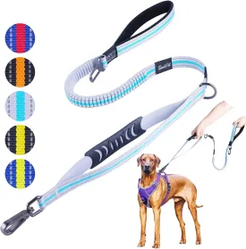 ThinkPet Dog Leashes Traffic Control Double Handle Leash, 2 Handles Leash Comfortable Padded Heavy Duty Bungee No Pull Reflective Lead with Car Seat Belt for Medium Large Dogs Training Walking Grey