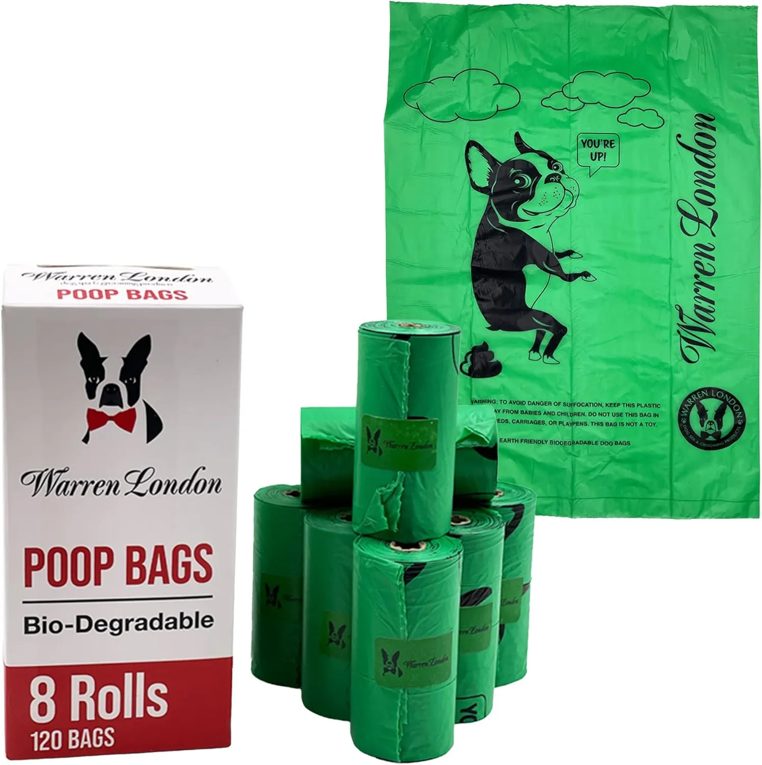 Warren London Poop Bags For Dogs & Pets | Earth Friendly Dog Poop Bags for Cleaning Pet Waste | Boston Terrier French Bulldog Pug | Box of 8 Rolls