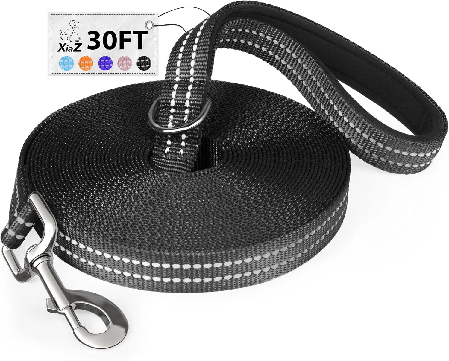 XiaZ 30 Feet Dog Training Leash, Nylon, Black, Reflective, Padded Handle, 550 LBS Bearing, Lightweight Suitable for Small, Medium Dogs and Cats