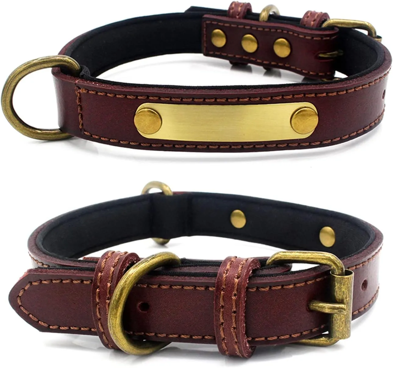 Yonsbox Personalized Leather Dog Collar with Soft Padded Name Plate Engraved Custom Adjustable Heavy Duty Thick Brown Dog Collars for Male Female Boy Girl Puppy Small Medium Large Dogs