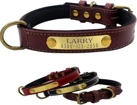Yonsbox Personalized Leather Dog Collar with Soft Padded Name Plate Engraved Custom Adjustable Heavy Duty Thick Brown Dog Collars for Male Female Boy Girl Puppy Small Medium Large Dogs
