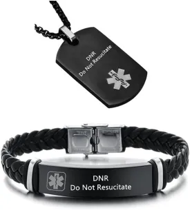 ZKXXJ Medical Alert ID Necklaces and Bracelets Set for Men Women Stainless Steel Medic Identification Pendant Necklace & Leather Cuff Bracelet Allergy Awareness Jewelry,Customizable
